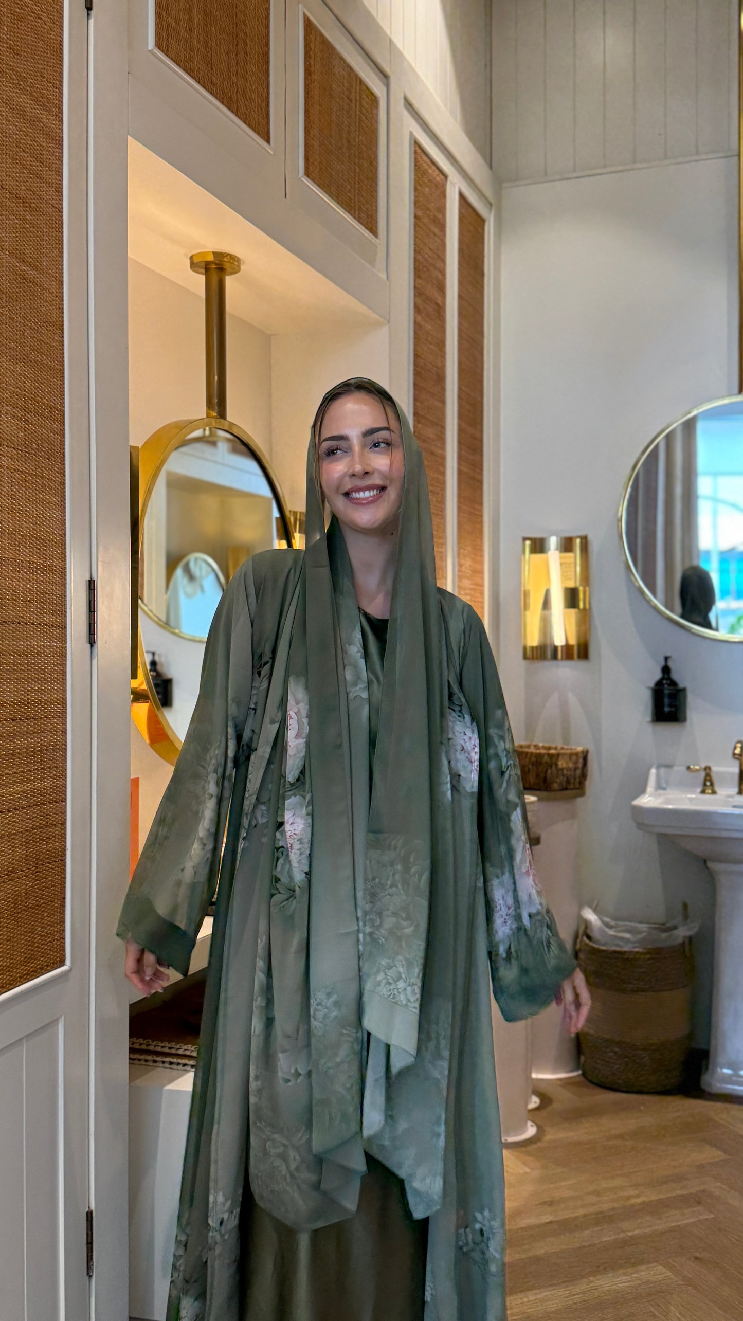 Printed Chiffon Abaya - Pistachio Petals
