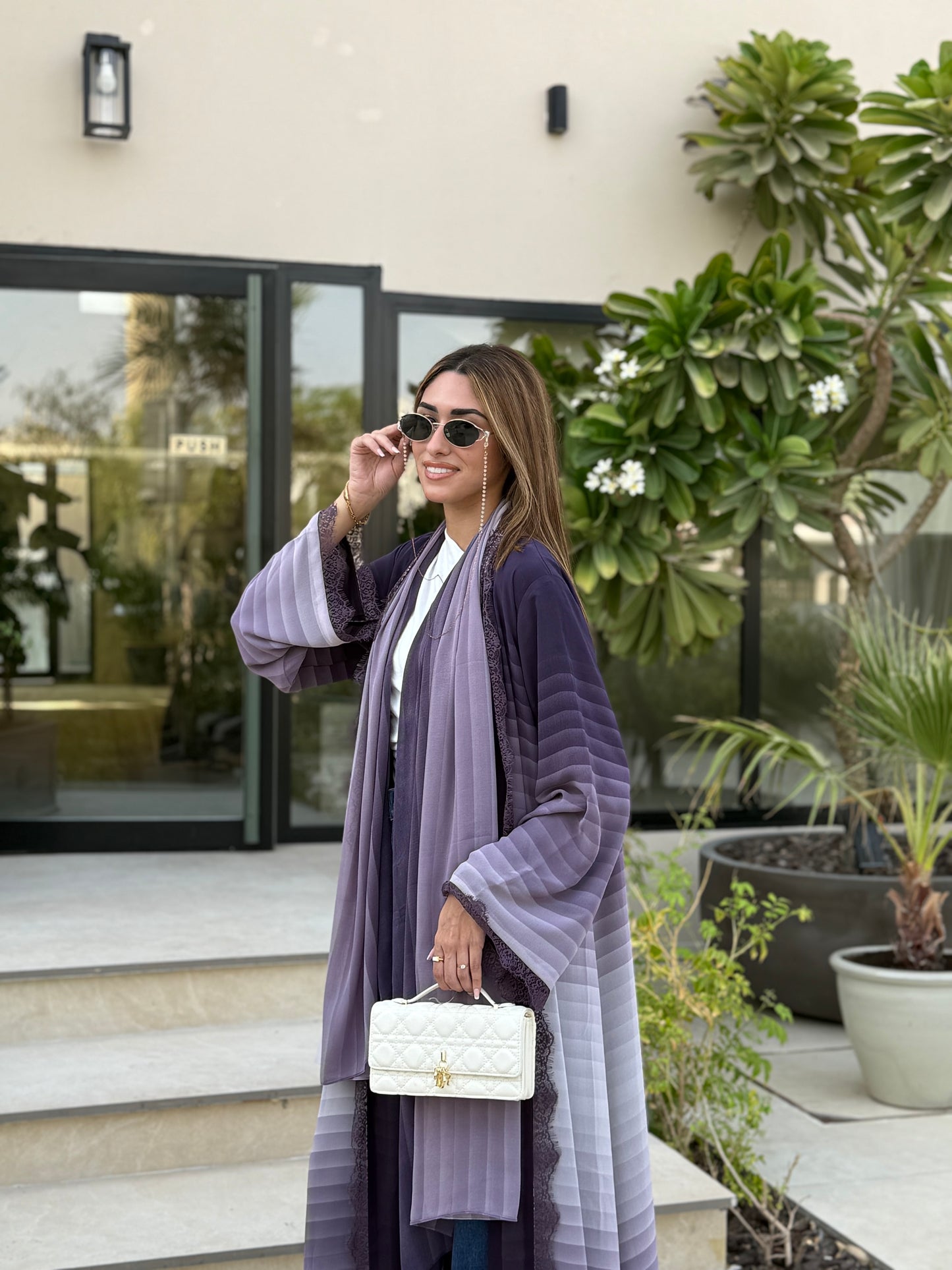Printed Chiffon Abaya - Grey Meringue