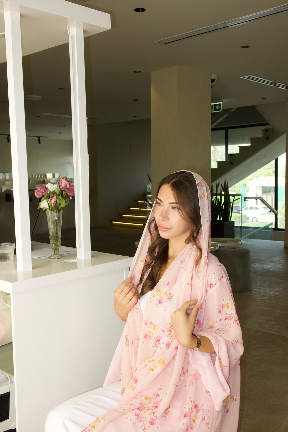 Printed Chiffon Abaya - Pink Lemonade