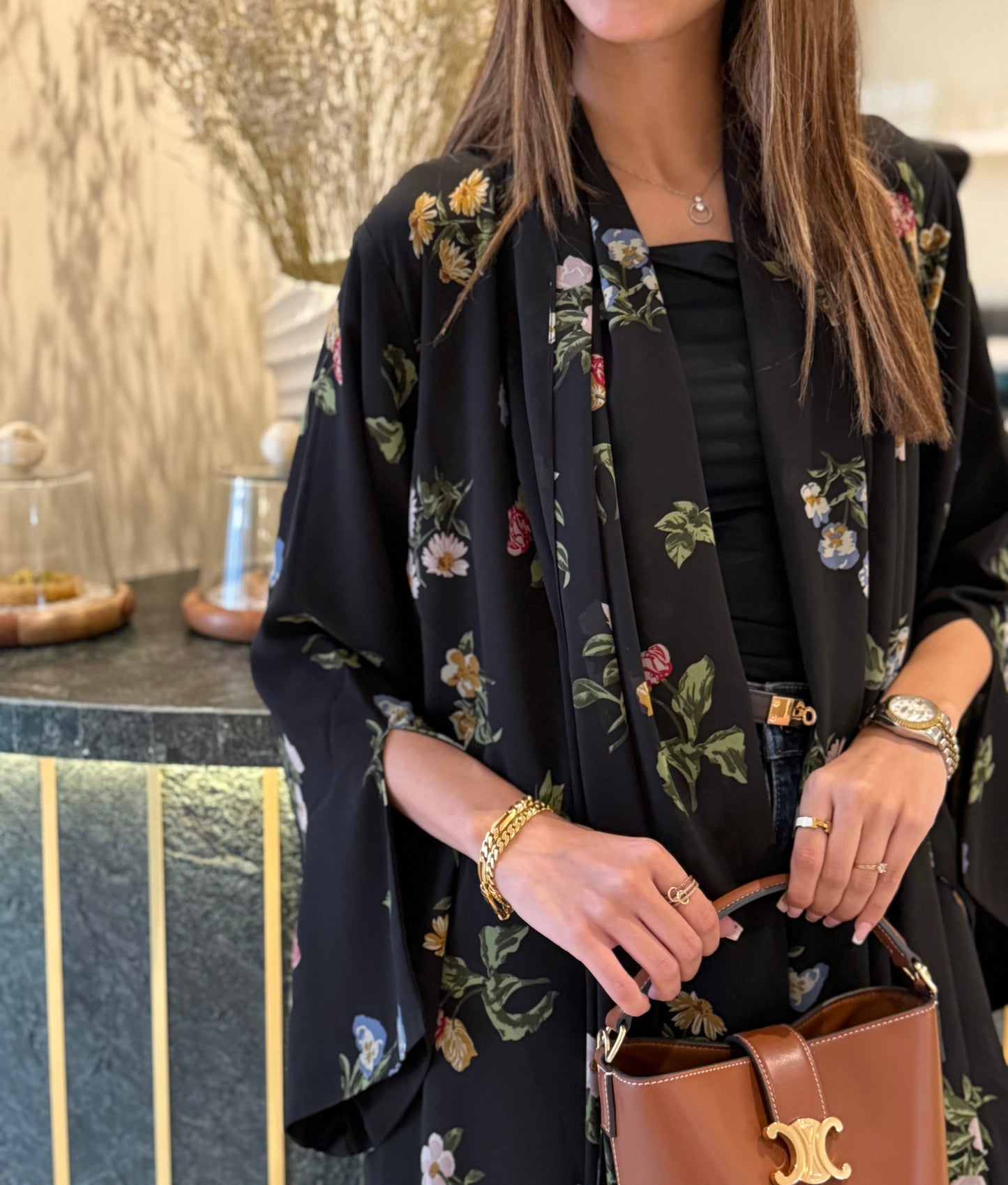 Printed Chiffon Abaya - Black Blossom