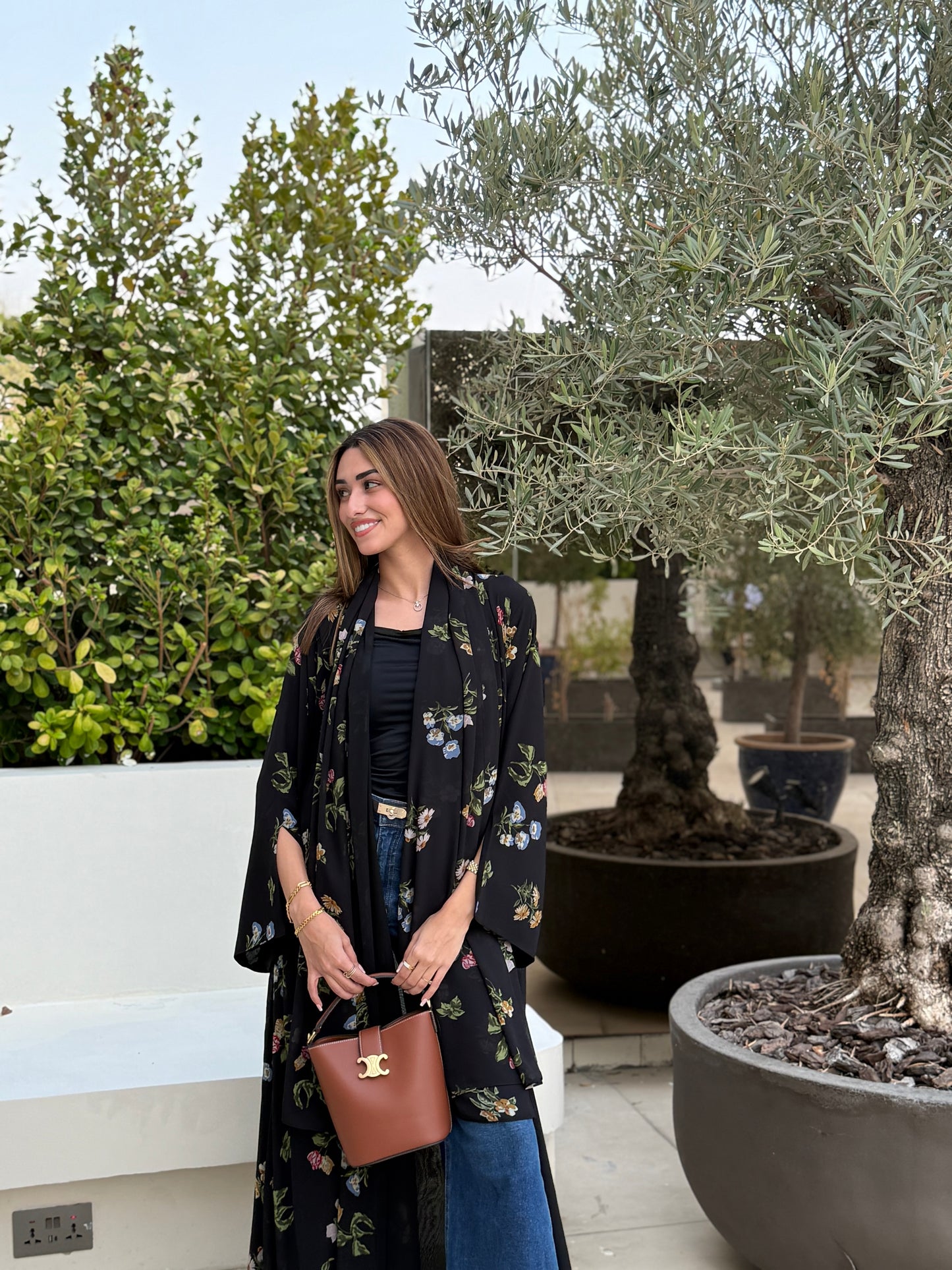 Printed Chiffon Abaya - Black Blossom