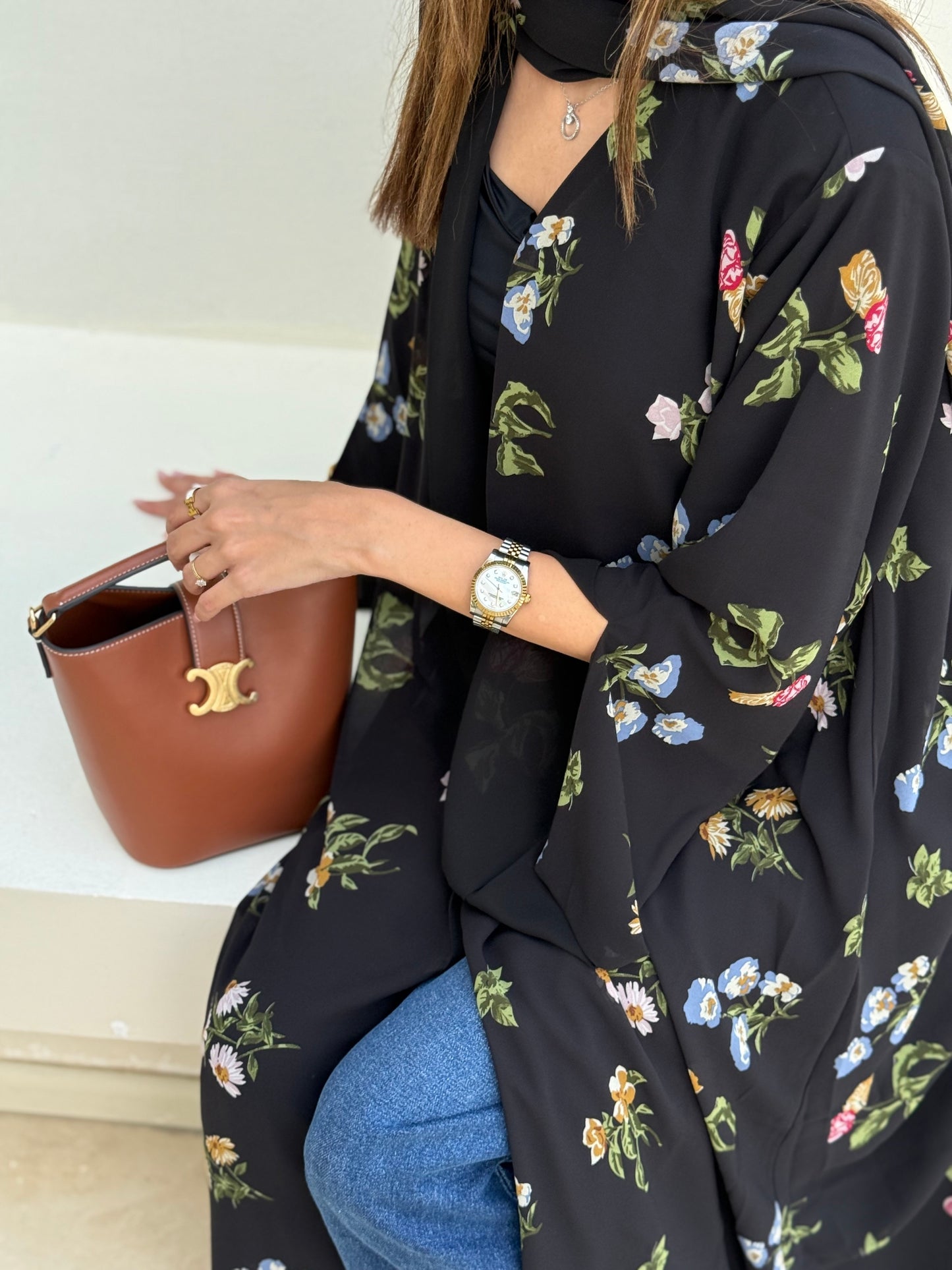 Printed Chiffon Abaya - Black Blossom