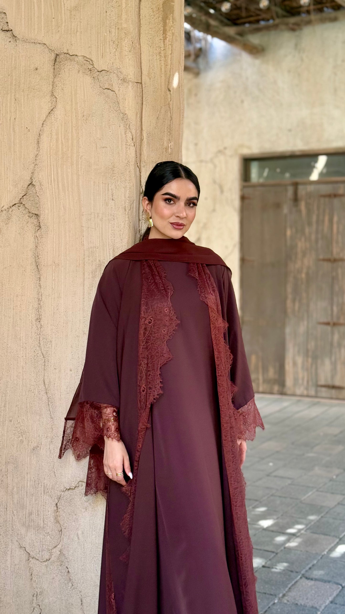 Lace Trim Abaya - Coffee