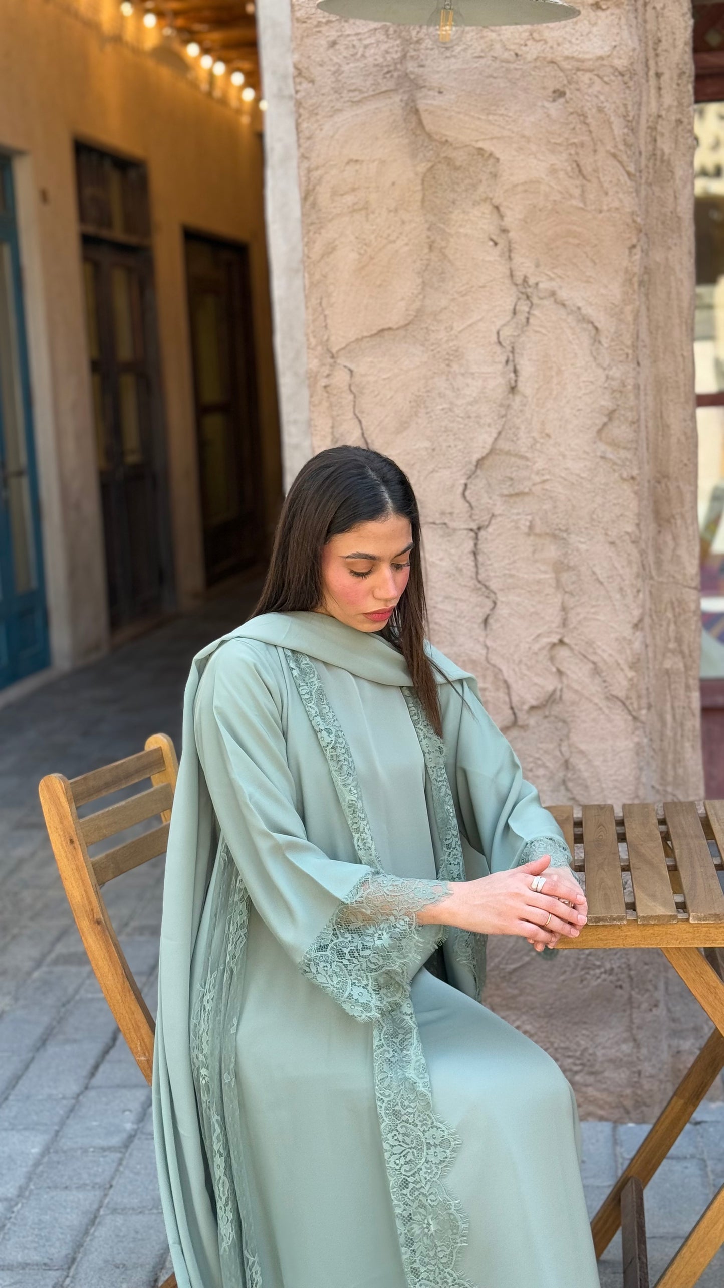 Lace Trim Abaya - Mint