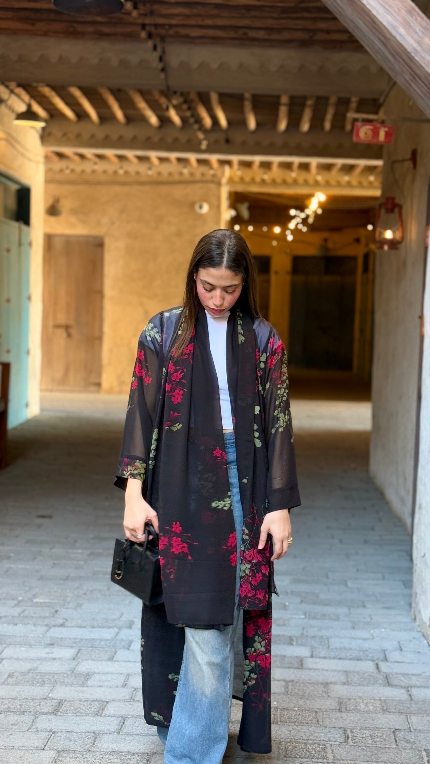 Printed Chiffon Abaya - Black Blossom