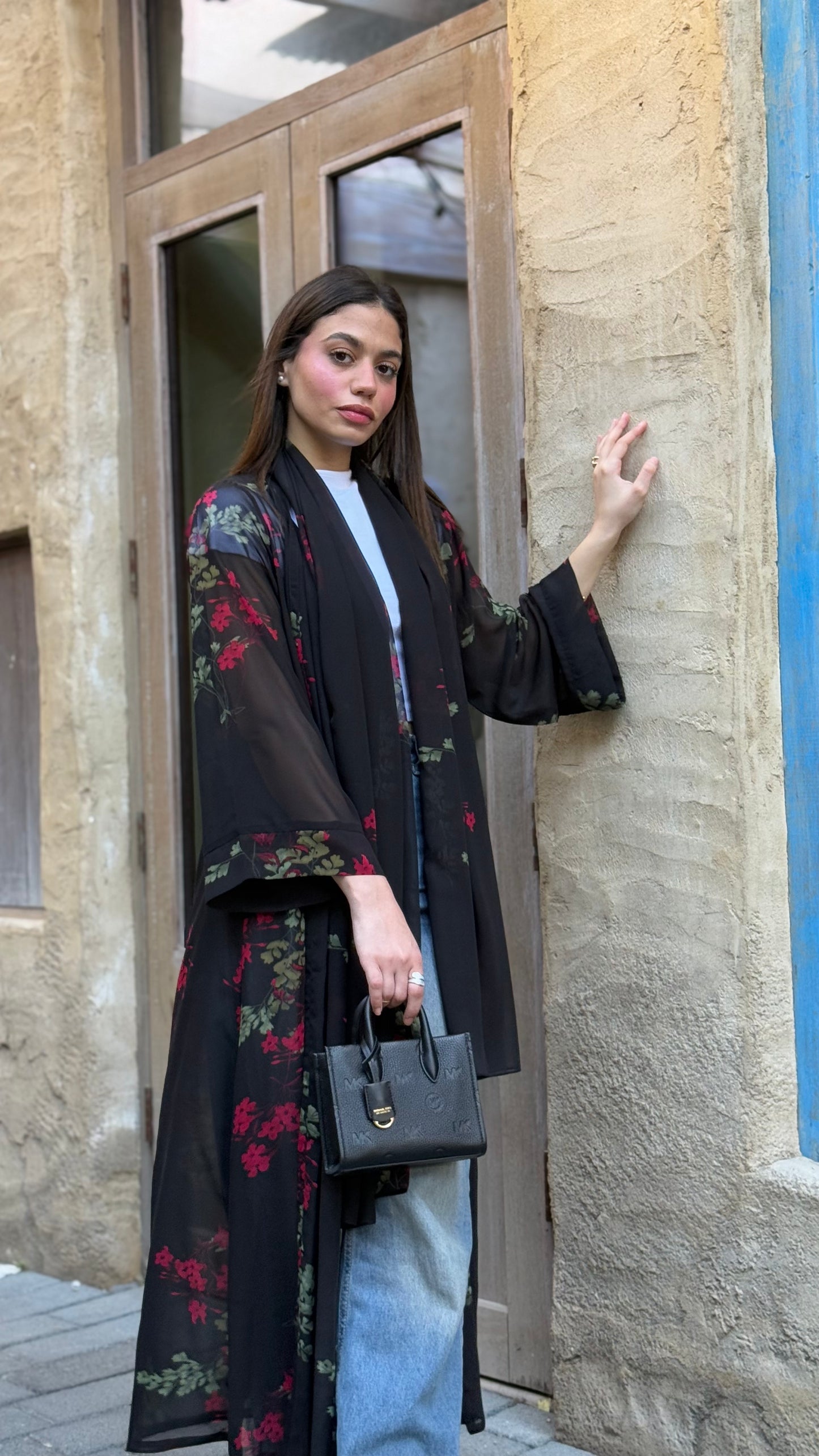 Printed Chiffon Abaya - Black Blossom