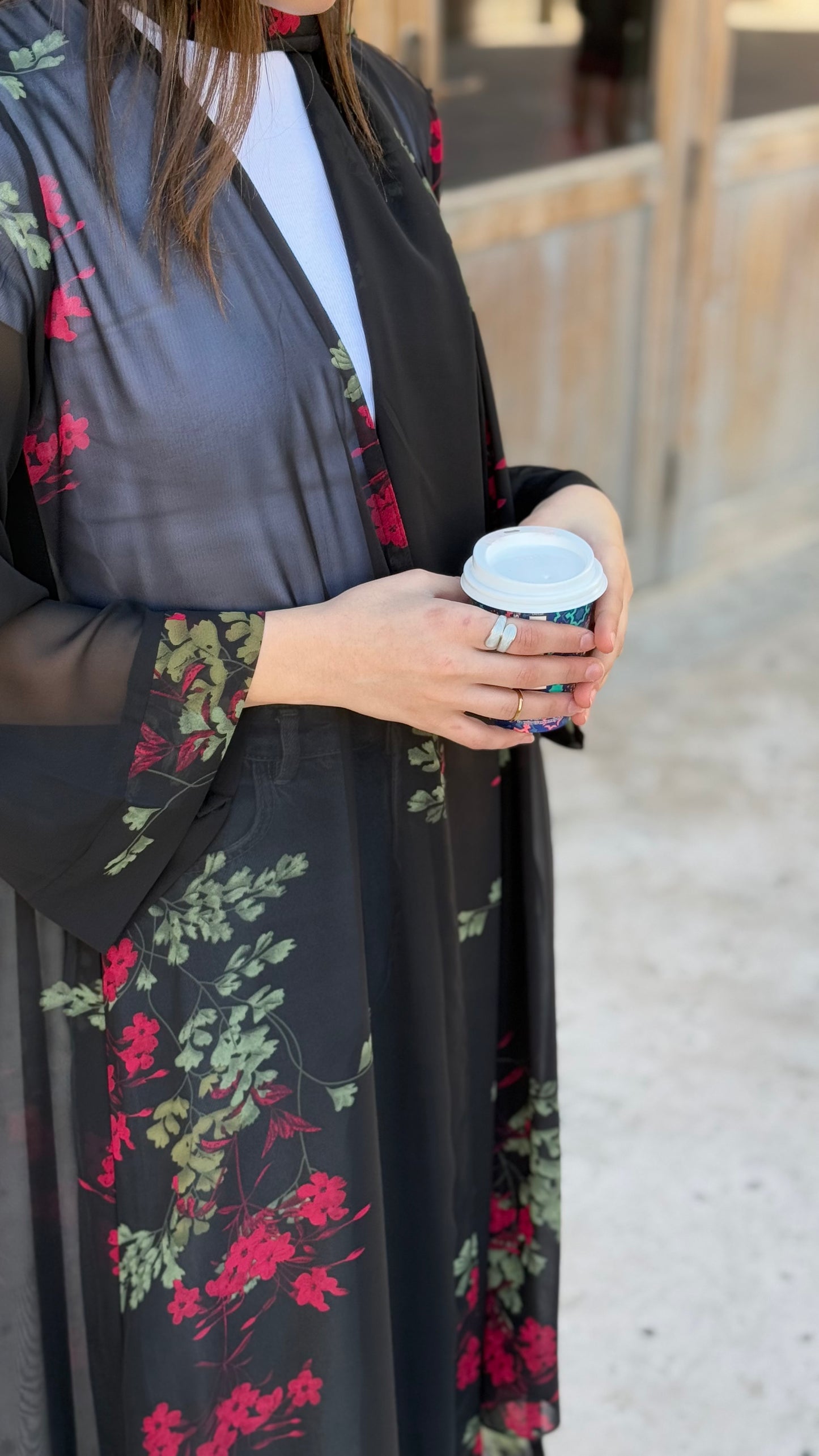 Printed Chiffon Abaya - Black Blossom