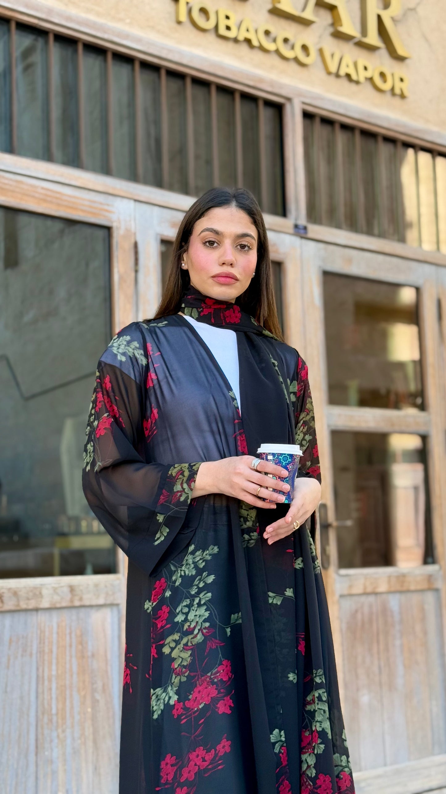 Printed Chiffon Abaya - Black Blossom