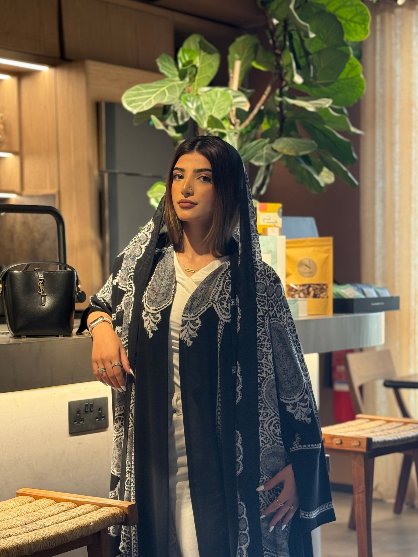 Printed Chiffon Abaya - B&W Lace Print