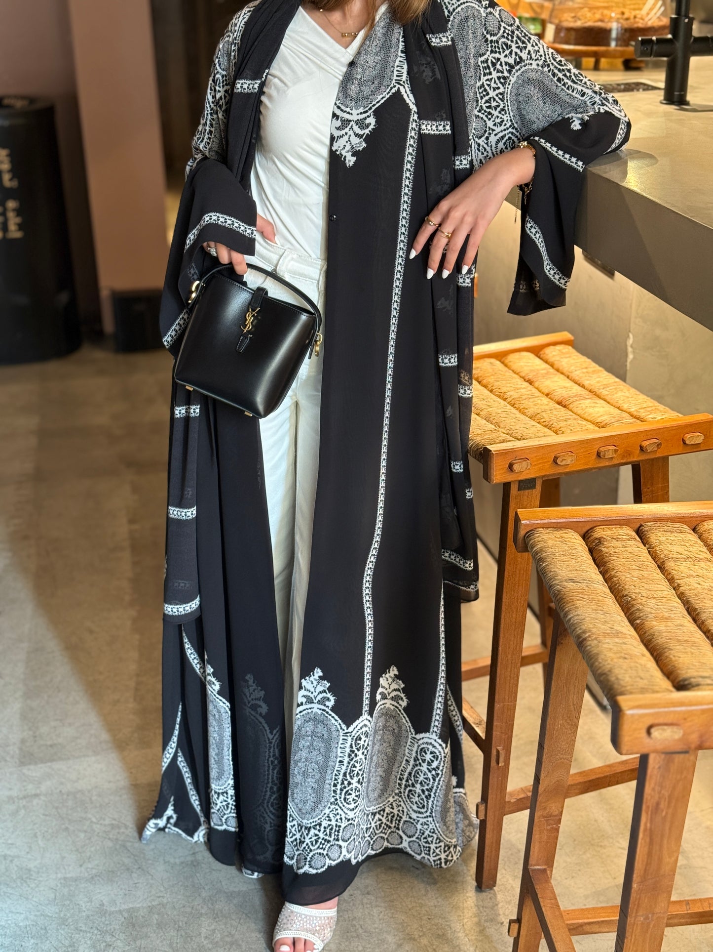 Printed Chiffon Abaya - B&W Lace Print