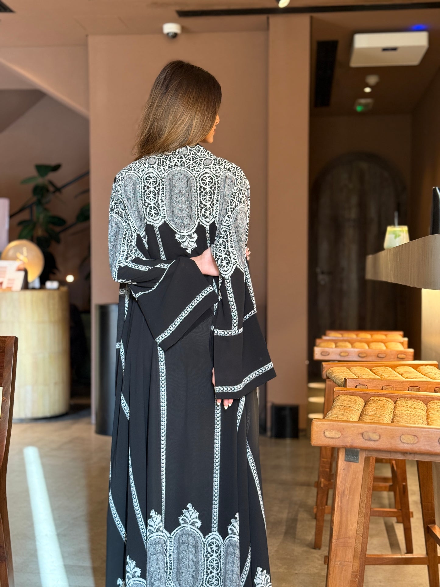 Printed Chiffon Abaya - B&W Lace Print