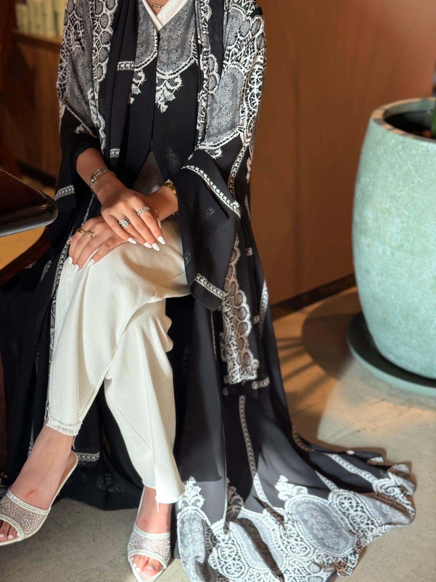 Printed Chiffon Abaya - B&W Lace Print