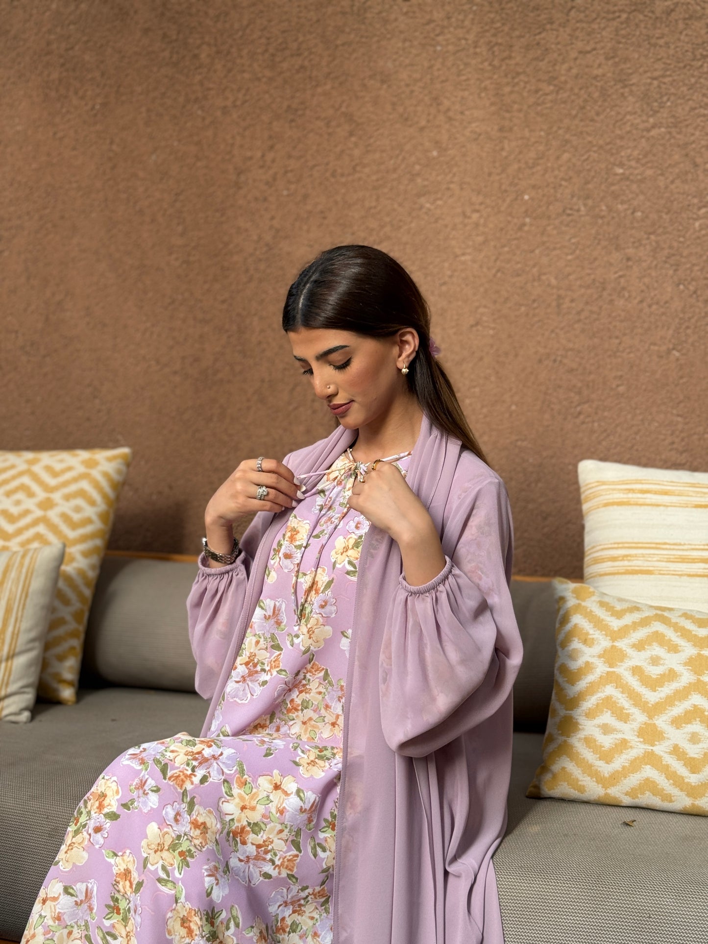 Printed Chiffon Abaya - Lavender Bouquet