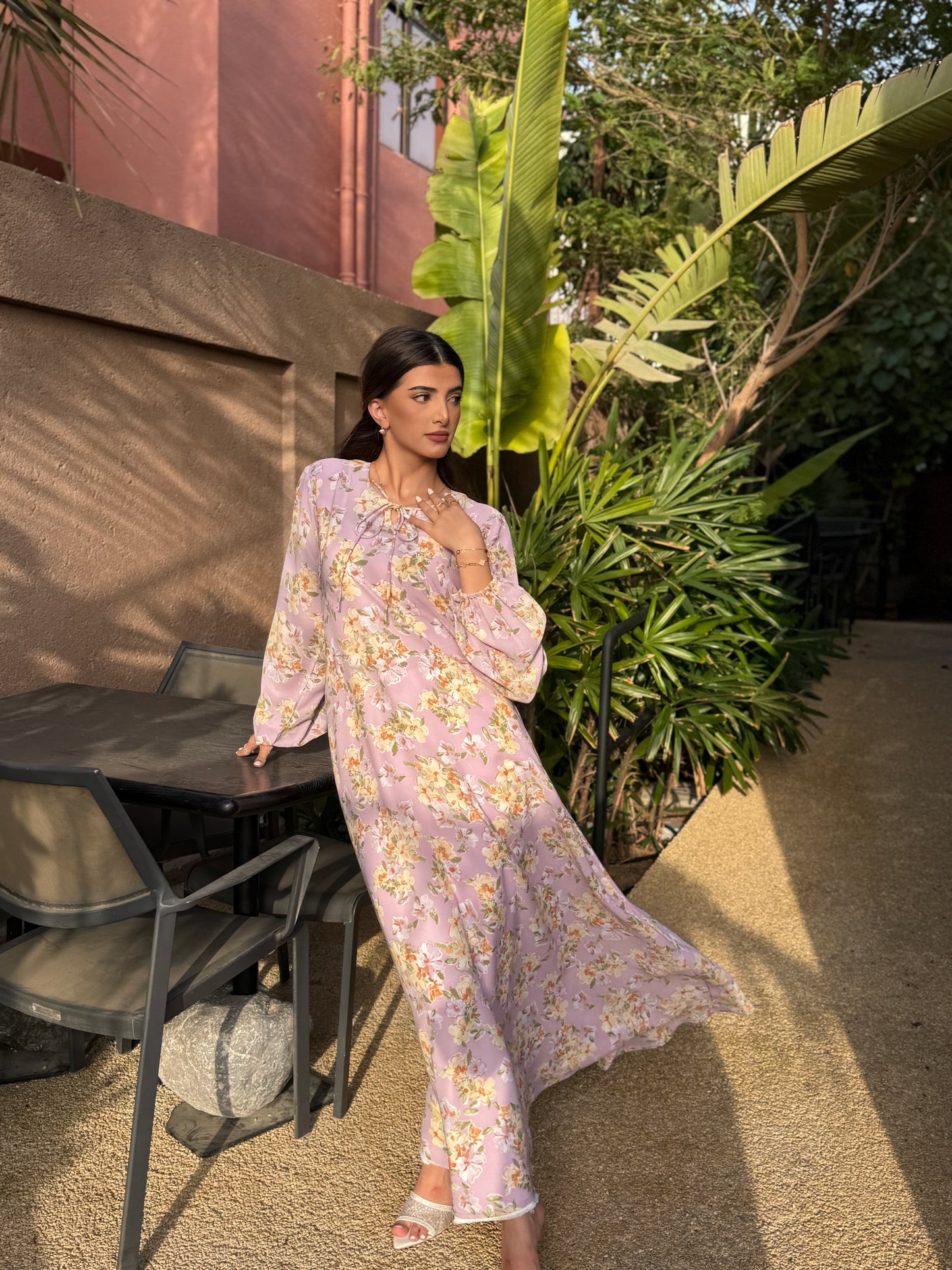 Printed Chiffon Abaya - Lavender Bouquet