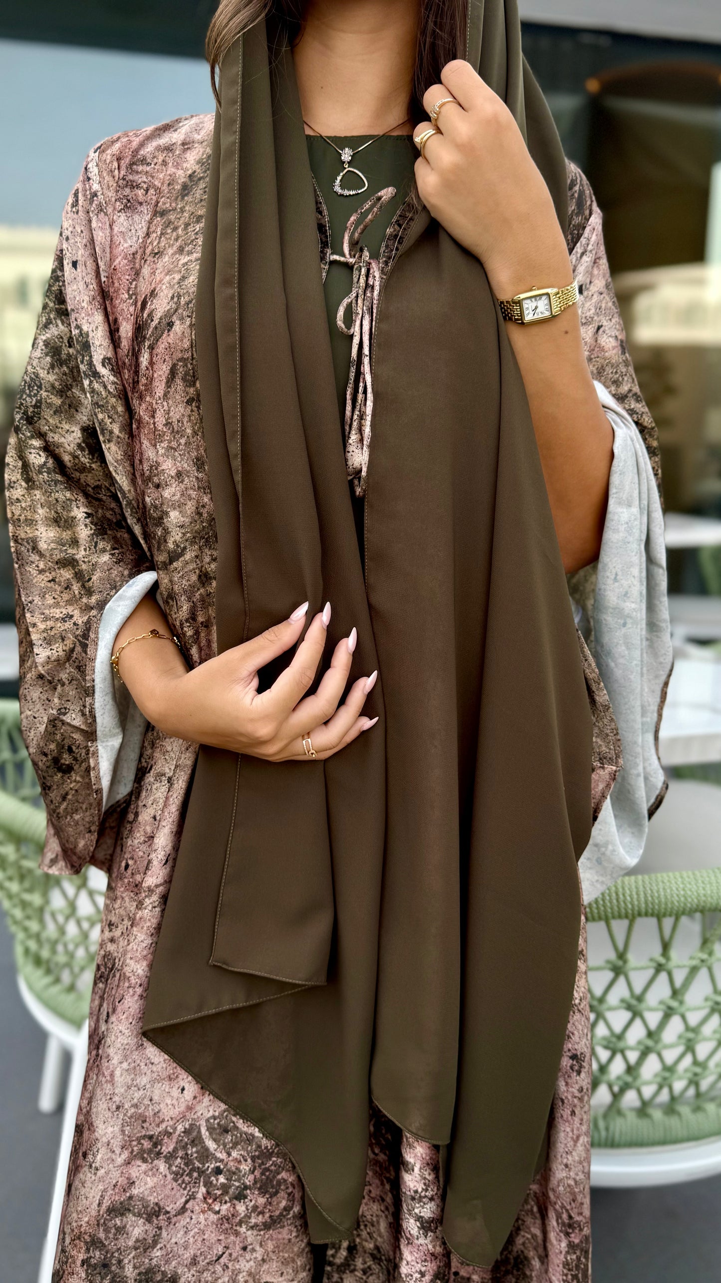 Silk Pixel Abaya - Forest Green