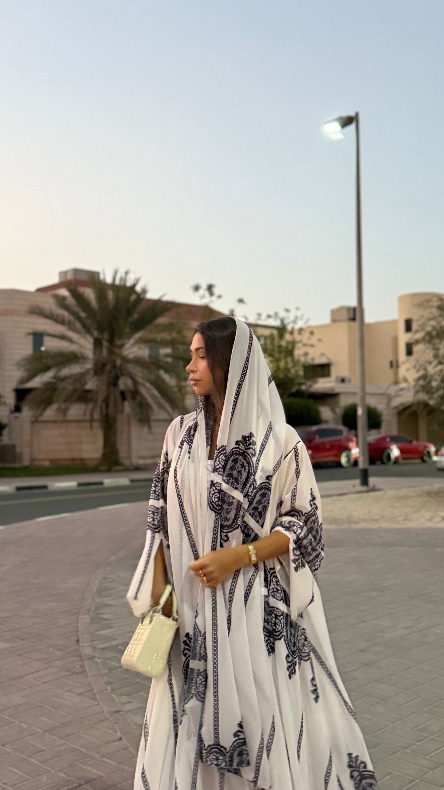 Printed Chiffon Abaya - B&W Lace Print