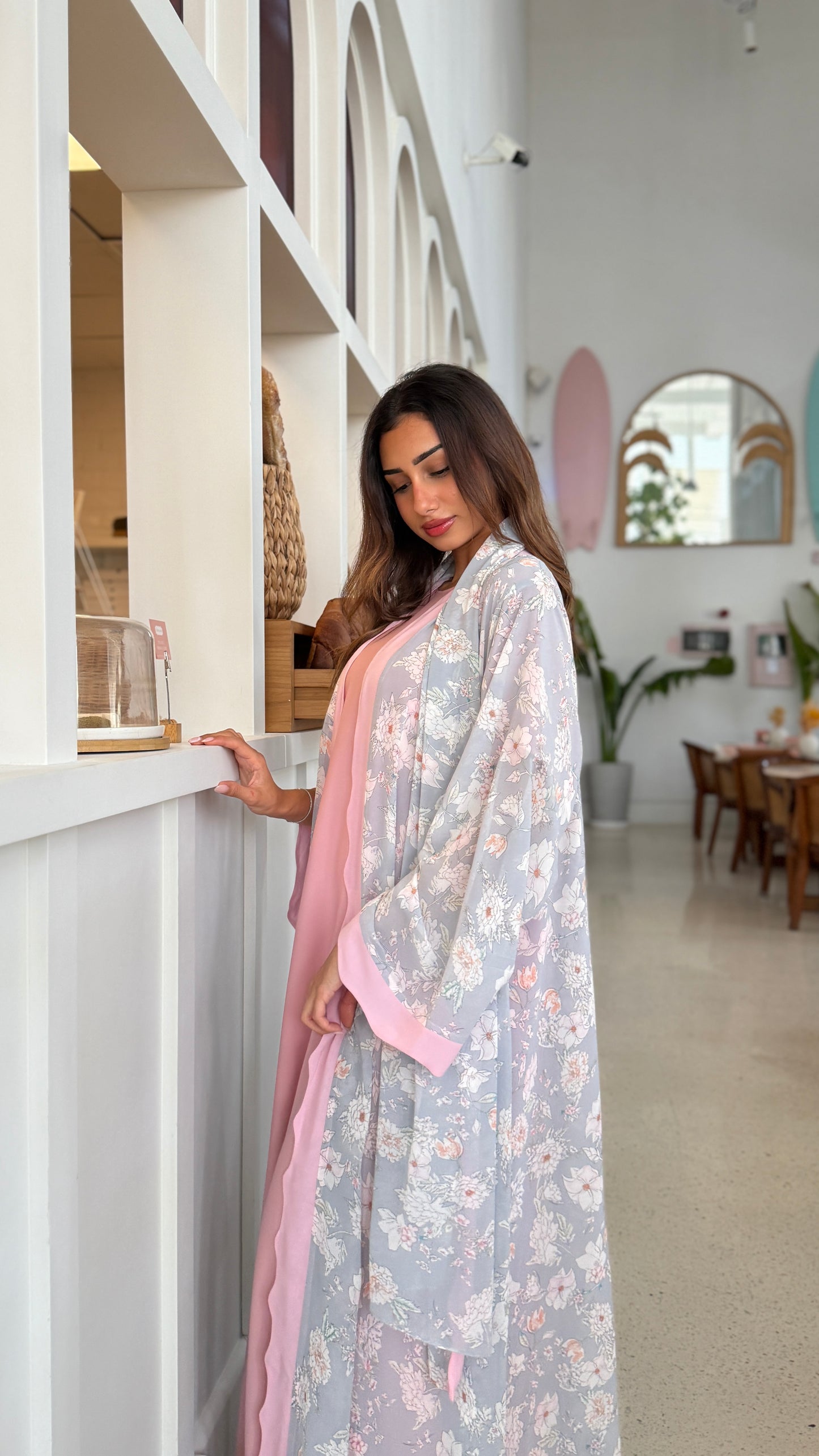 Printed Chiffon Abaya - Silver Bloom