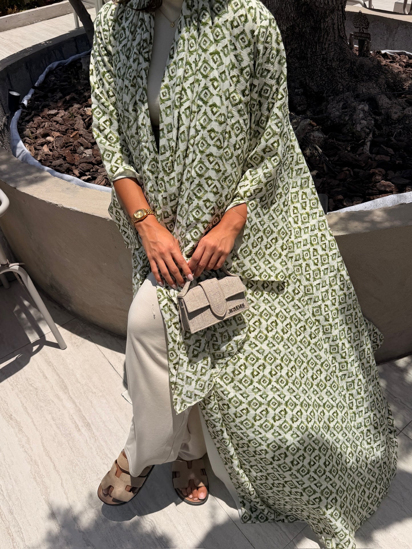 Printed Linen Abaya - Matcha Kiss