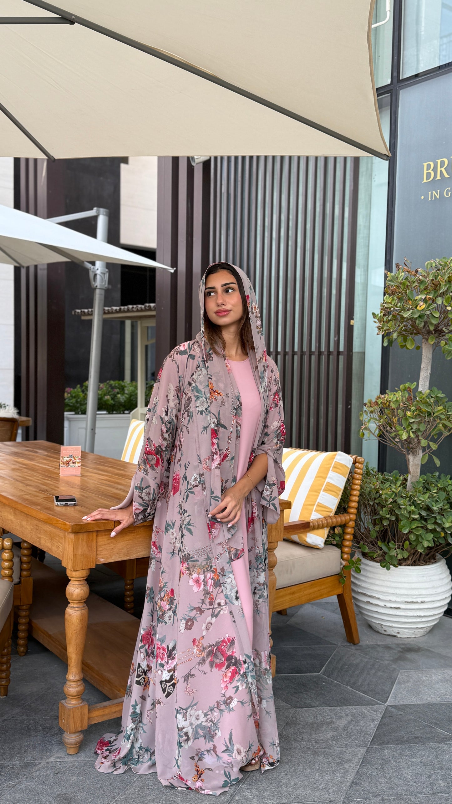 Printed Chiffon Abaya - Mauve Gardenia