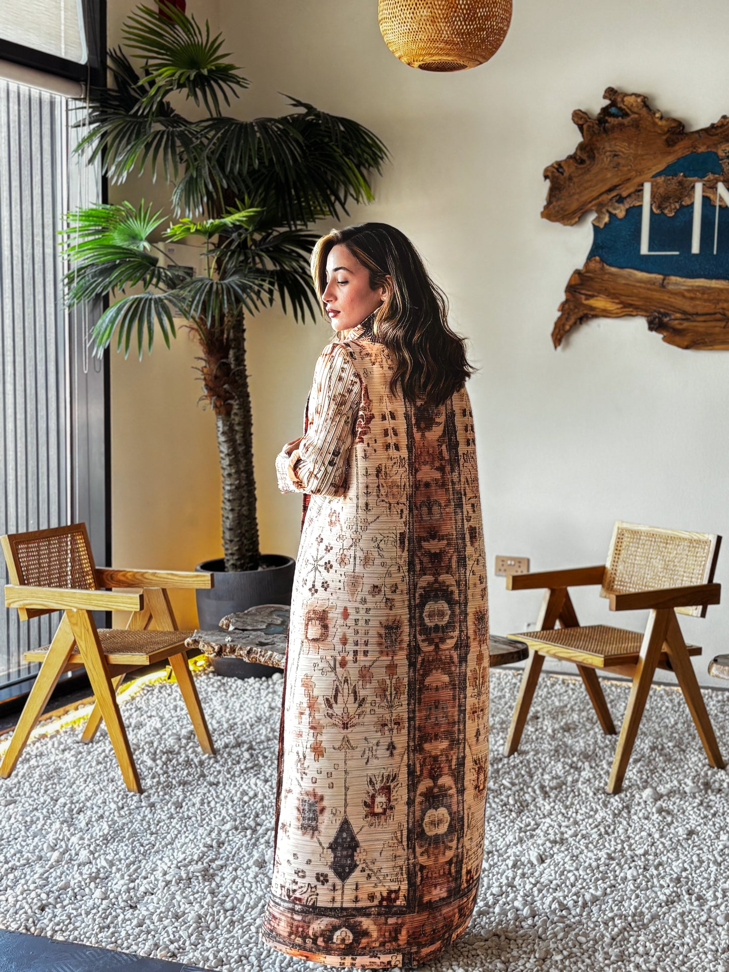 Printed Abaya - Caramel Dusk Plisse