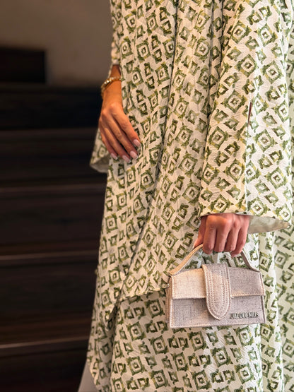 Printed Linen Abaya - Matcha Kiss