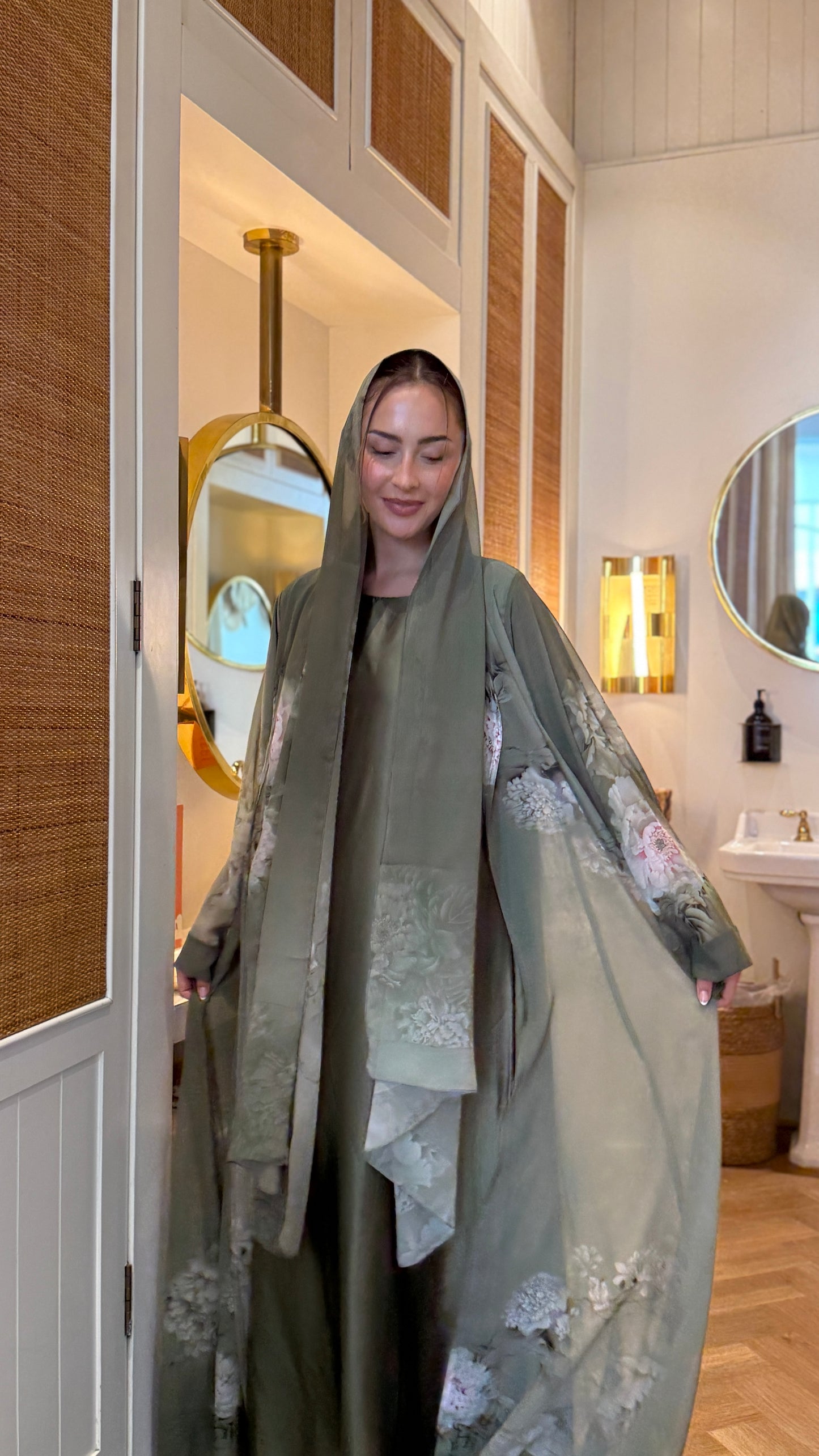 Printed Chiffon Abaya - Pistachio Petals