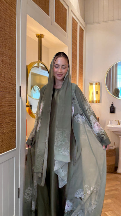Printed Chiffon Abaya - Pistachio Petals
