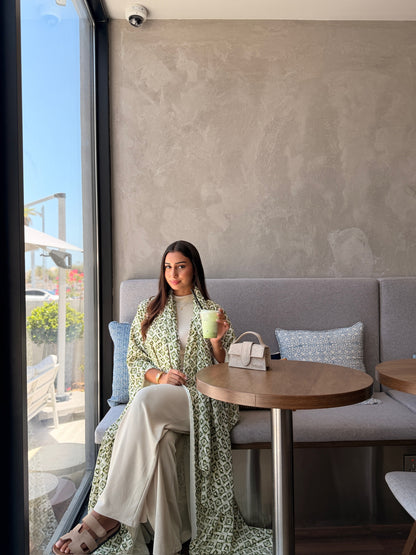 Printed Linen Abaya - Matcha Kiss