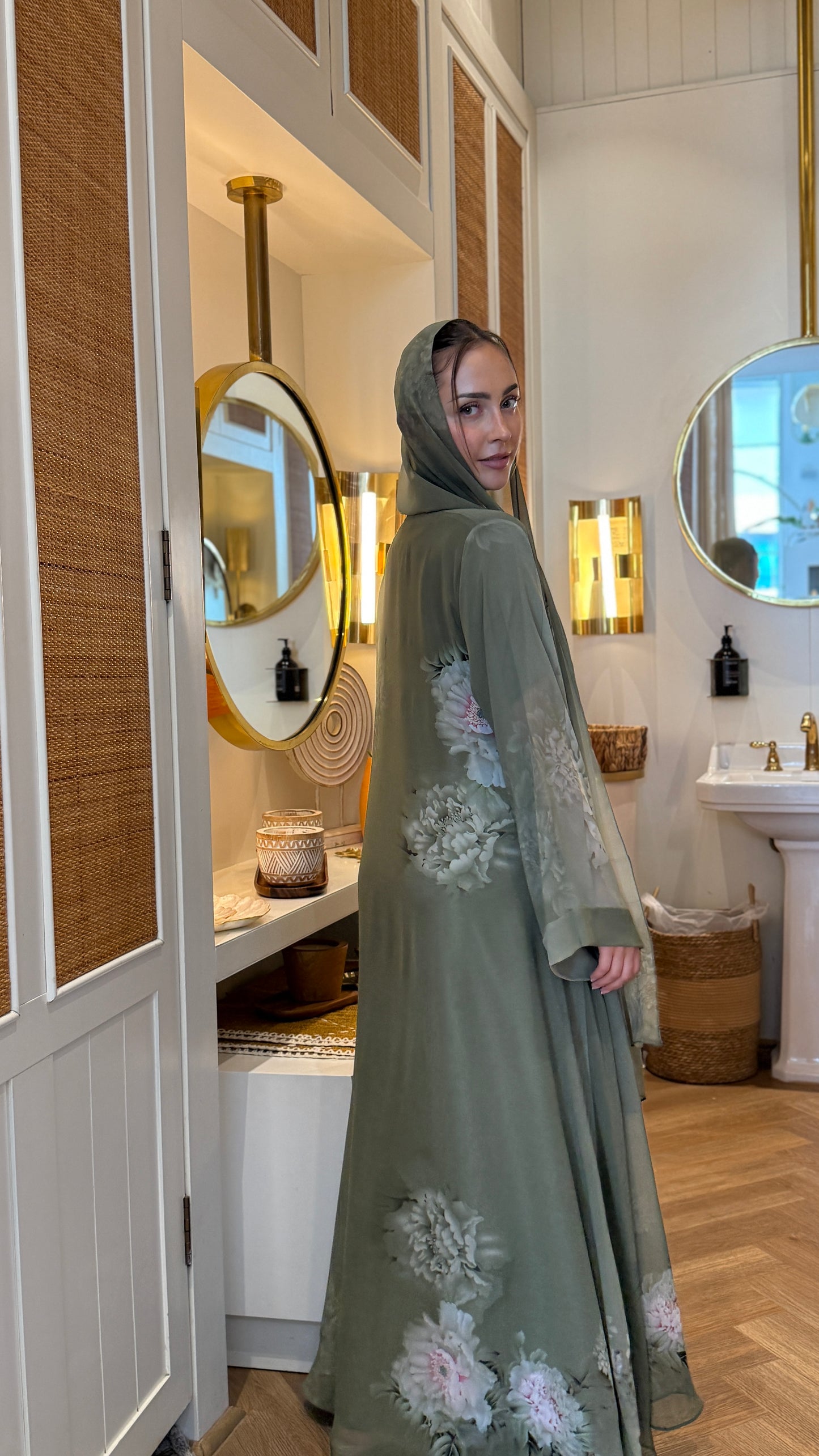 Printed Chiffon Abaya - Pistachio Petals