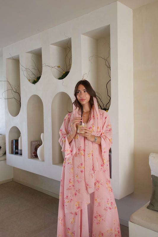 Printed Chiffon Abaya - Pink Lemonade