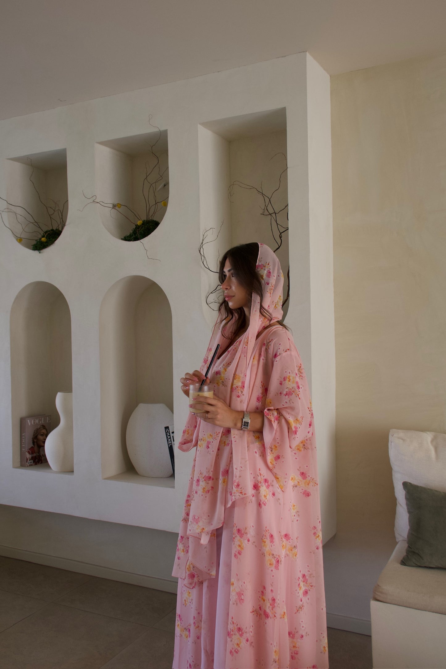 Printed Chiffon Abaya - Pink Lemonade