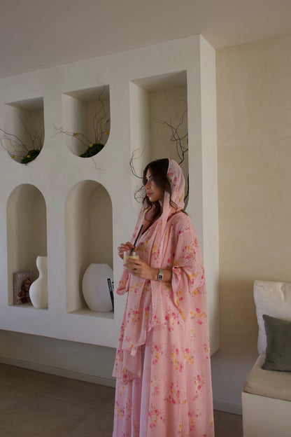 Printed Chiffon Abaya - Pink Lemonade