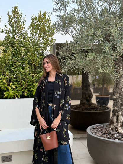 Printed Chiffon Abaya - Black Blossom