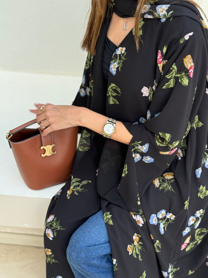 Printed Chiffon Abaya - Black Blossom