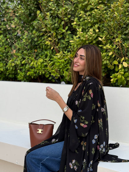 Printed Chiffon Abaya - Black Blossom