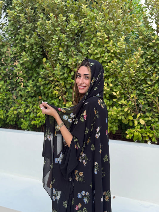 Printed Chiffon Abaya - Black Blossom