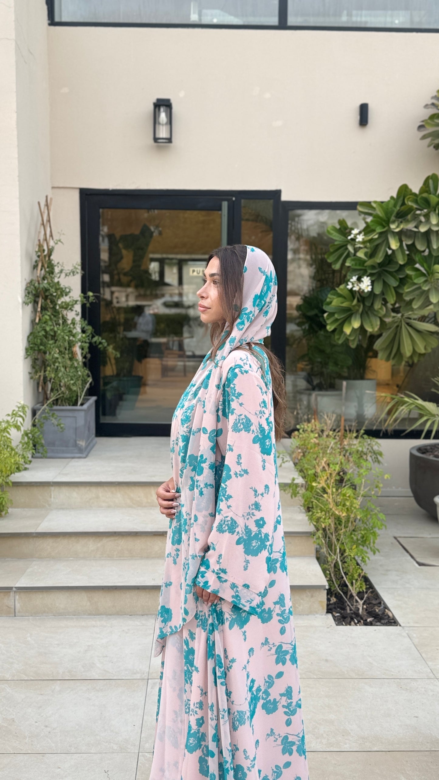 Printed Chiffon Abaya - Pink Mousse