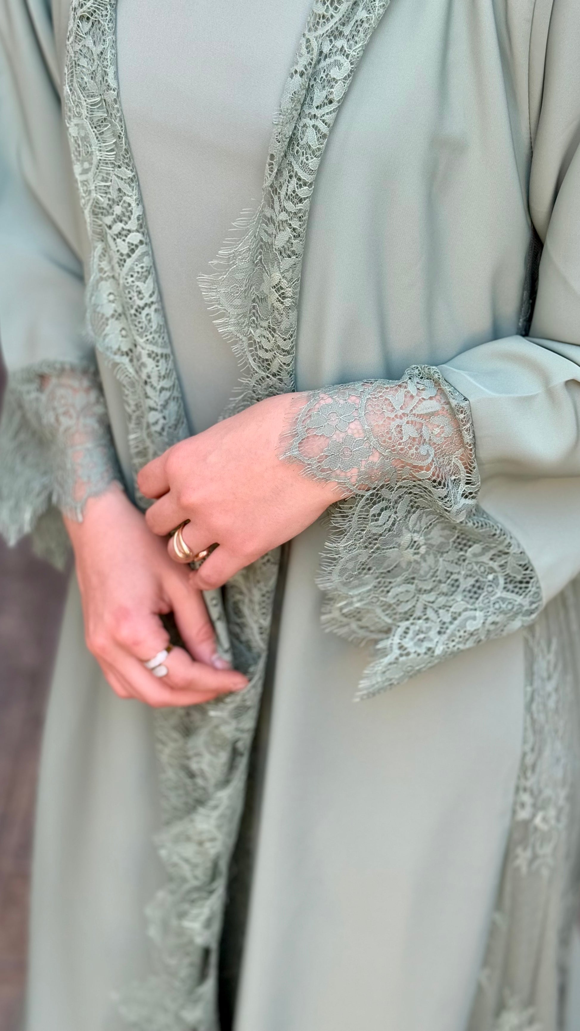 Lace Trim Abaya - Mint Cucire Lace Trim Abaya - Mint Cucire