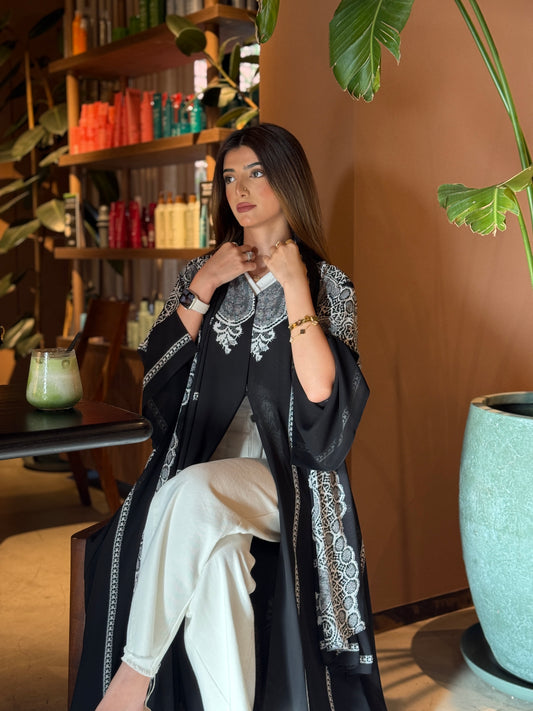 Printed Chiffon Abaya - B&W Lace Print