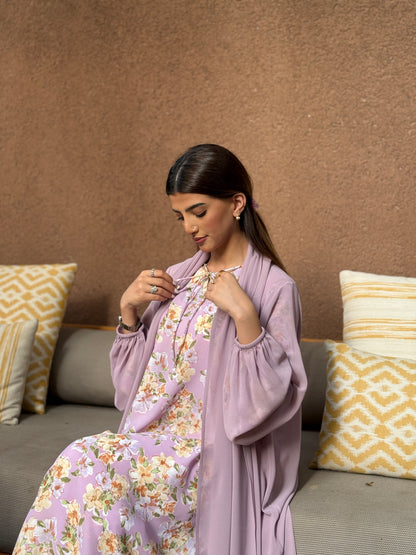 Printed Chiffon Abaya - Lavender Bouquet