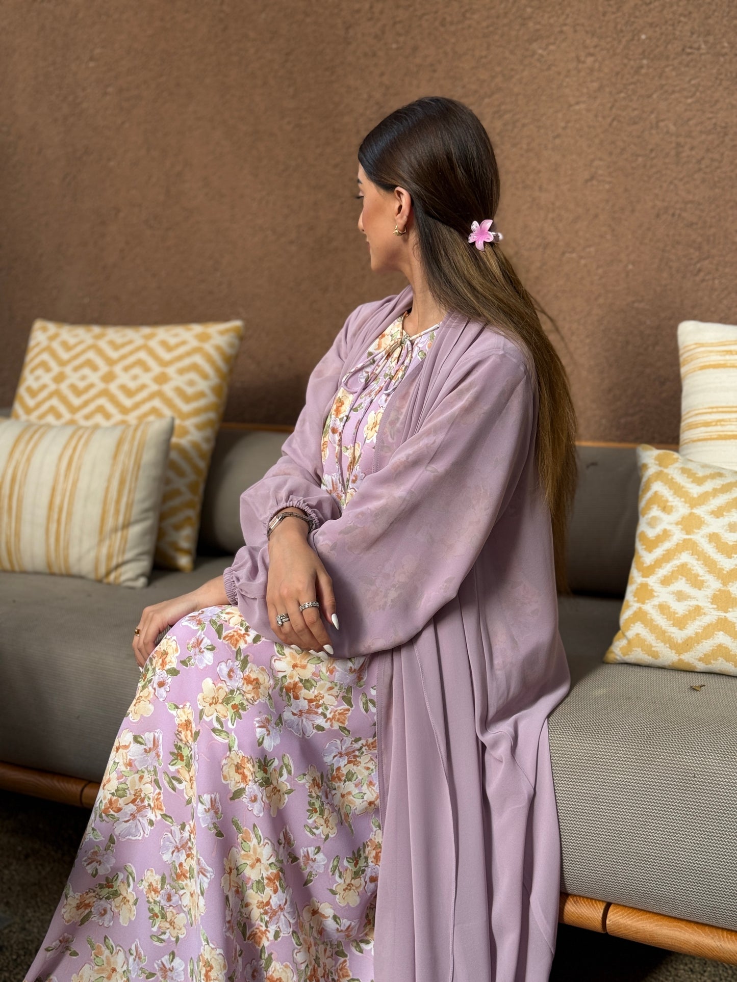 Printed Chiffon Abaya - Lavender Bouquet