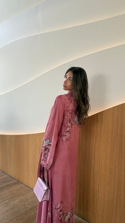 Printed Chiffon Abaya - Fuchsia Petals
