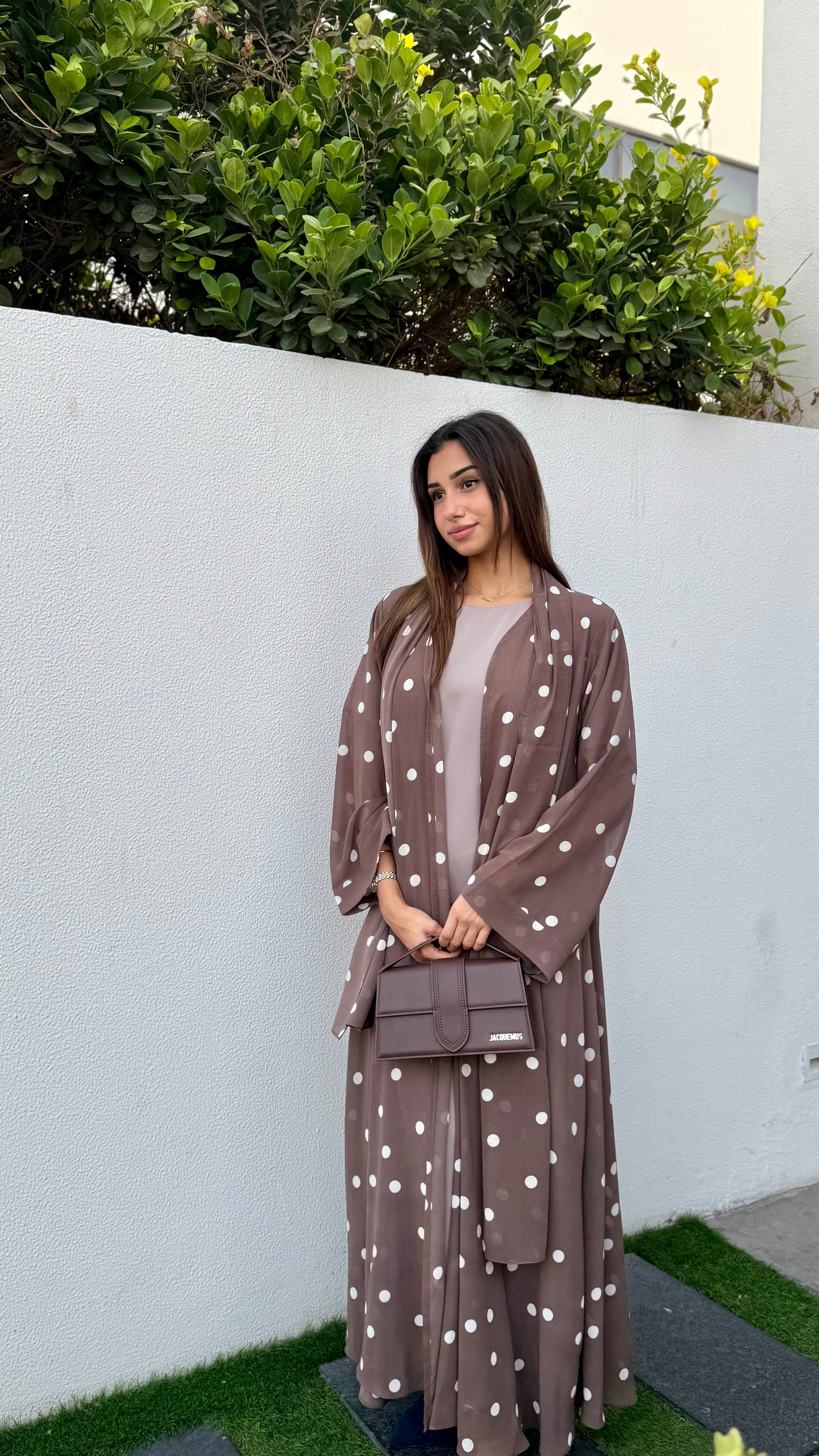 Printed Chiffon Abaya - Polka Latte