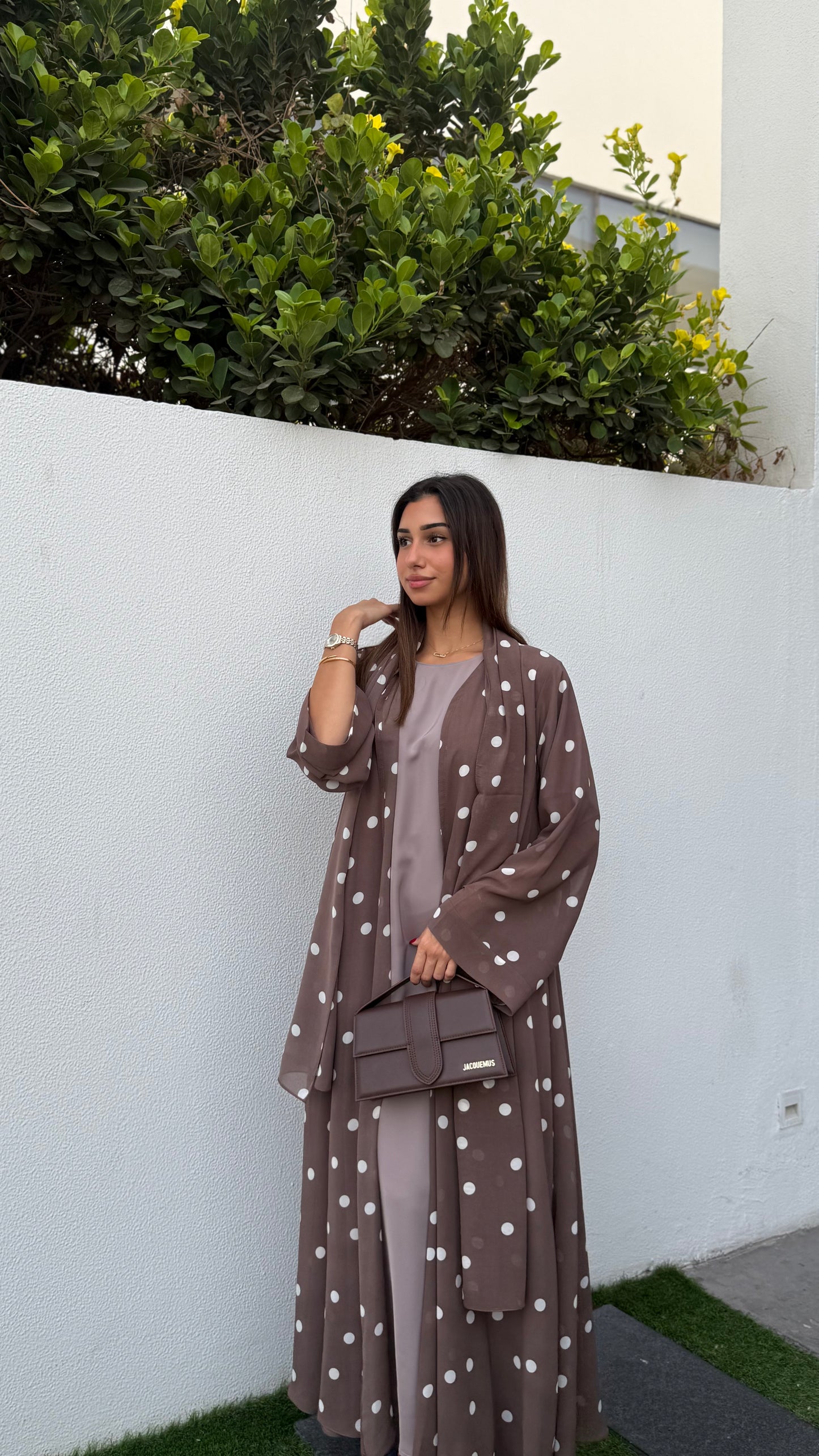 Printed Chiffon Abaya - Polka Latte