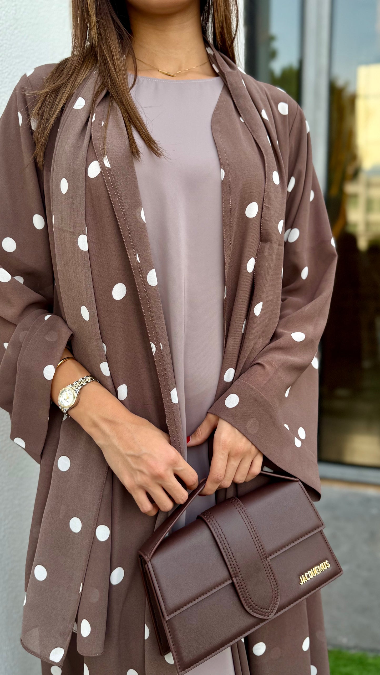 Printed Chiffon Abaya - Polka Latte