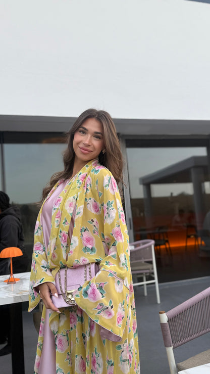 Printed Chiffon Abaya - Buttercup Rose