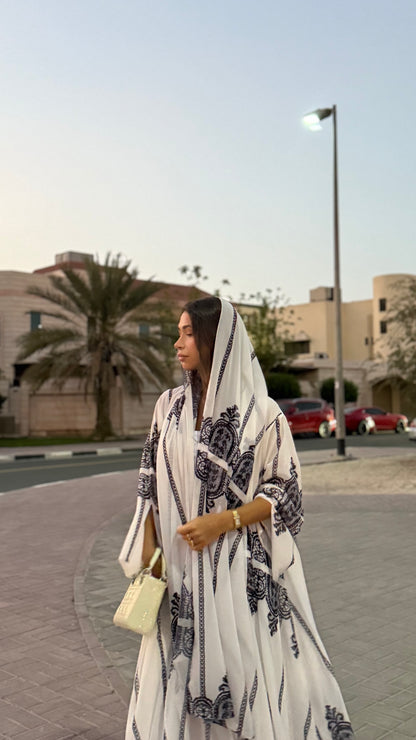 Printed Chiffon Abaya - B&W Lace Print