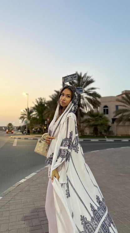 Printed Chiffon Abaya - B&W Lace Print