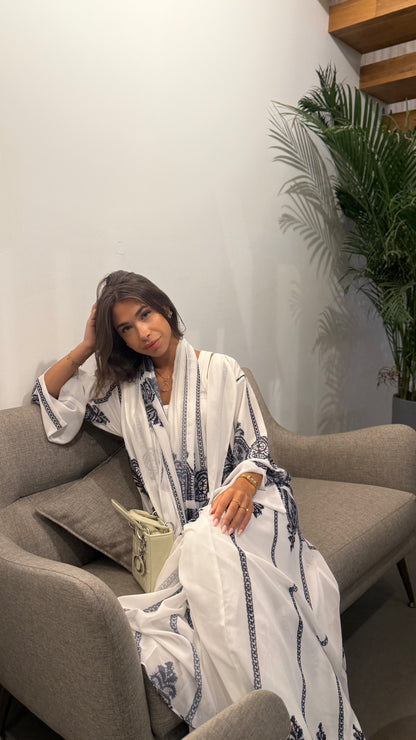Printed Chiffon Abaya - B&W Lace Print