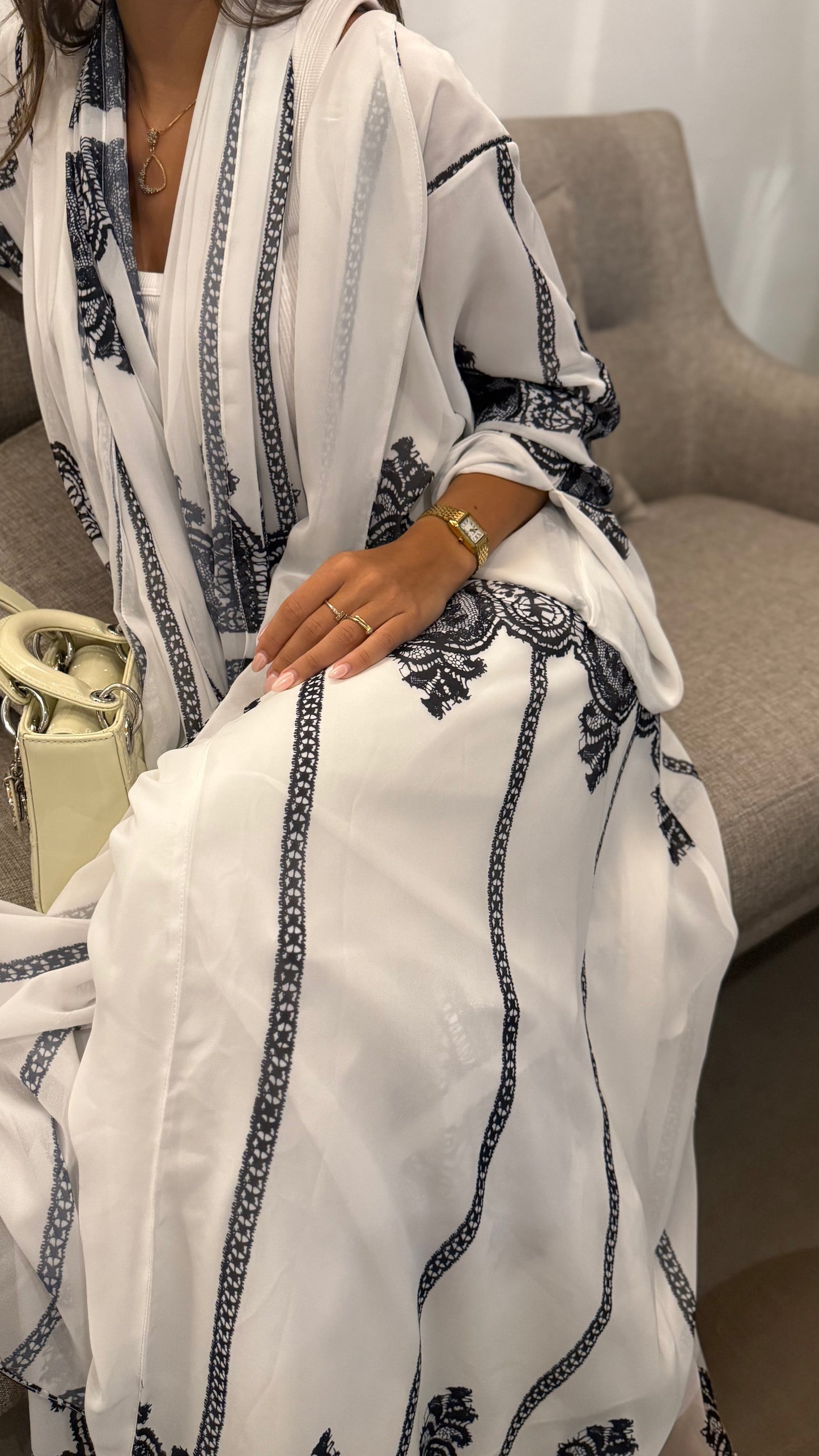 Printed Chiffon Abaya - B&W Lace Print